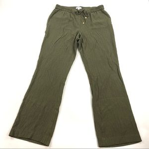Calvin Klein Wmn’s Sz L Gauze Pants Olive Green Elastic Waist Wide Leg Mid Rise